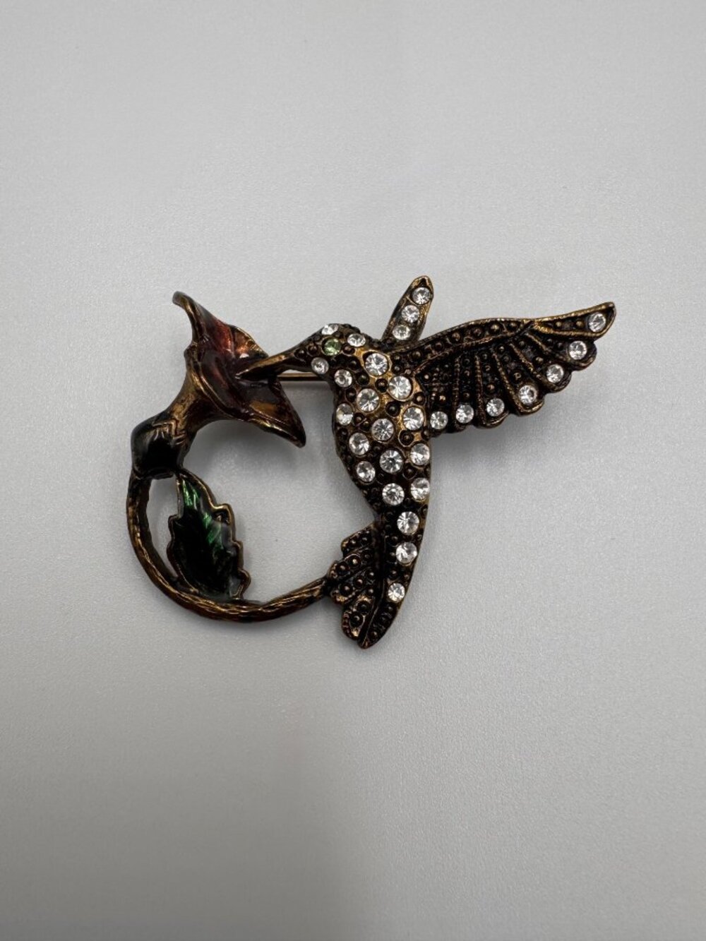 Vintage 1928 Hummingbird Flower Brooch Rhinestone Enamel Gold Tone